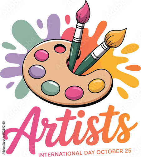 International Artists Day illustration with paint palette and brushes Keywords: international artists day, artists, art, painting, palette, paint
