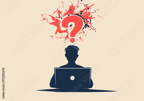 Silhouette of man working on laptop with large red question mark and abstract paint splash symbolizing confusion doubt and problem solving concept in minimalist style