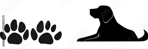 Black dog silhouette lying down with two black paw prints side by side on white background simple flat minimalist vector design