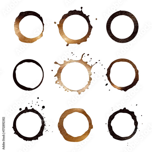 Set of nine realistic coffee cup stain rings with splash effects and various irregular shapes on white background for beverage design and cafe themes