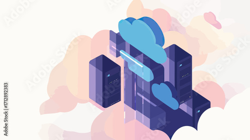 Isometric cloud computing infrastructure with digital data storage servers connected to cloud network in abstract data center environment vector concept illustration