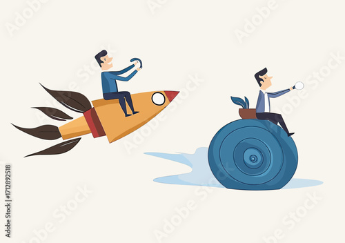 Business competition concept with businessman riding fast rocket and another on slow snail representing speed contrast and success challenge in flat minimalist style vector