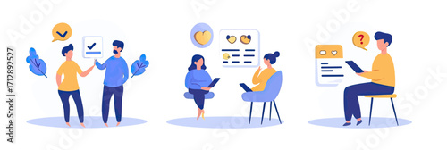 People giving feedback and reviews with checklist, rating hearts and question mark icons, customer support concept, flat vector illustration set