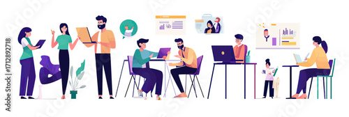 Team collaboration remote work office meeting diverse business people discussing strategy using laptops digital communication charts and graphs flat vector illustration