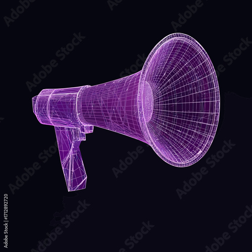Purple megaphone wireframe 3D model illustration with detailed polygon mesh on black background for communication concept