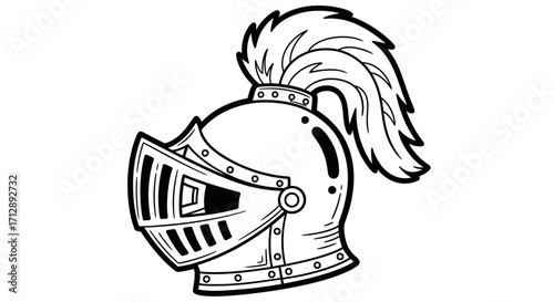 Detailed Medieval Knight Helmet with Feather Plume on Isolated White Background