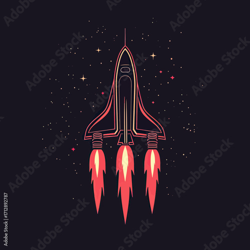 Minimalist vector space shuttle launching with flames in starry night sky abstract line art with red and orange rocket exhaust