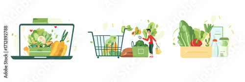 Online grocery shopping concept flat illustration with laptop, shopping cart, organic vegetables, fresh food delivery and eco packaging design for healthy lifestyle and sustainable consumption