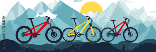 Colorful mountain bikes standing on hilltop with sun and mountain range background in flat minimalist vector style outdoor adventure concept