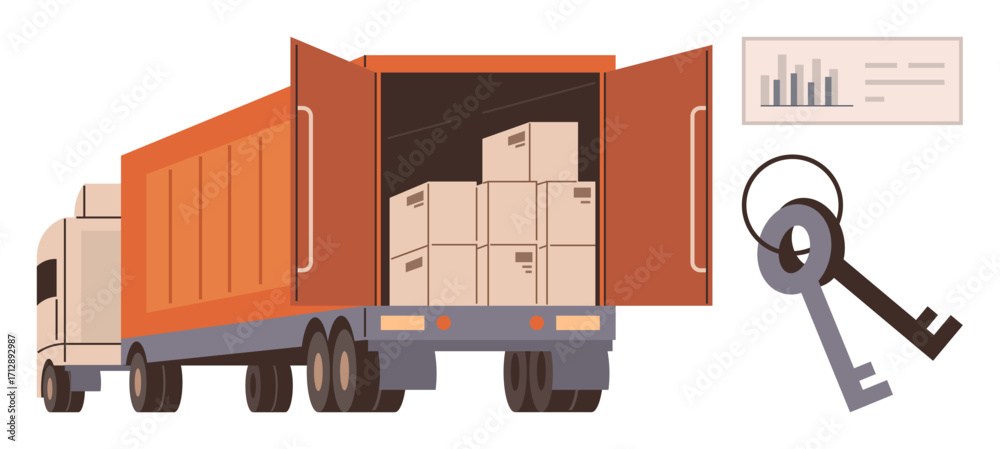 Obraz premium Open truck with cargo boxes and security keys, bar graph showing metrics. Ideal for logistics, supply chain, inventory, delivery, transportation, security warehouse planning. Simple flat metaphor