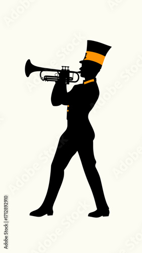 Silhouette of marching band trumpet player in uniform with tall hat playing brass instrument isolated on light background vector illustration