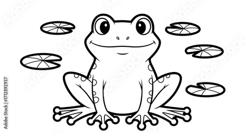 Cheerful Frog Sitting on Lily Pad with Water Lilies, Isolated White Background