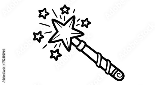 Playful Magic Wand with Sparkles and Stars, Isolated White Background