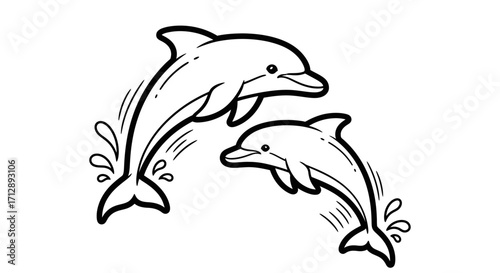 Playful Cartoon Dolphins Jumping Out of Water with Splashes on Isolated White Background