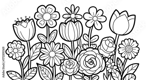Cheerful Garden Border of Blooming Cartoon Flowers on Isolated White Background