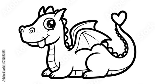 Cute Baby Cartoon Dragon Sitting and Smiling with Heart-Shaped Tail on Isolated White Background