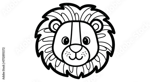 Majestic Cartoon Lion Head Portrait with Mane on Isolated White Background for Coloring Book