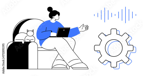 Woman sits on a couch using a laptop with a cat beside her, surrounded by gear and sound wave elements supporting work, creativity, technology, collaboration, innovation, learning, and remote work. A