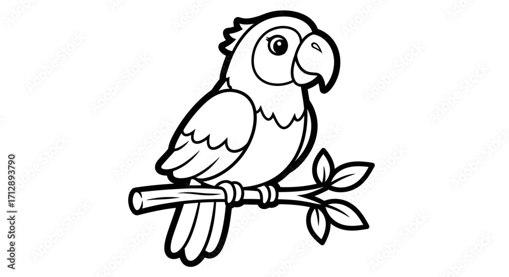 Obraz premium Cute Cartoon Parrot Perched on a Branch, Ready for Coloring Book, Isolated White Background