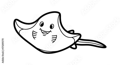 Happy Cartoon Stingray Swimming Gracefully, Marine Sea Animal, Isolated White Background
