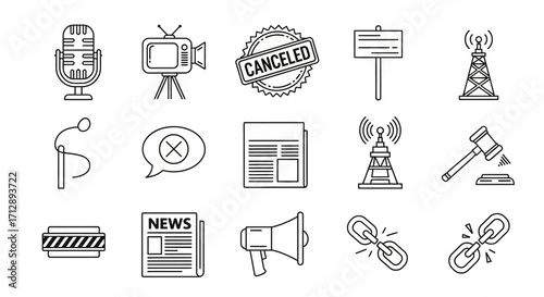 Minimalist Media, News, and Censorship Line Art Icon Set – 15 Black and White Vector Icons