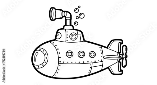 Cute Cartoon Submarine Submerging with Bubbles, Underwater Exploration Vehicle, Isolated White Background