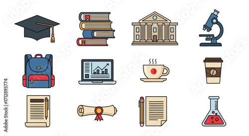 Education and University Icons Set – Colorful Flat Vector Design