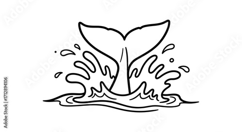 Dynamic Whale Tail Splashing Water in the Ocean, Powerful Marine Mammal Movement Line Art, Isolated White Background.