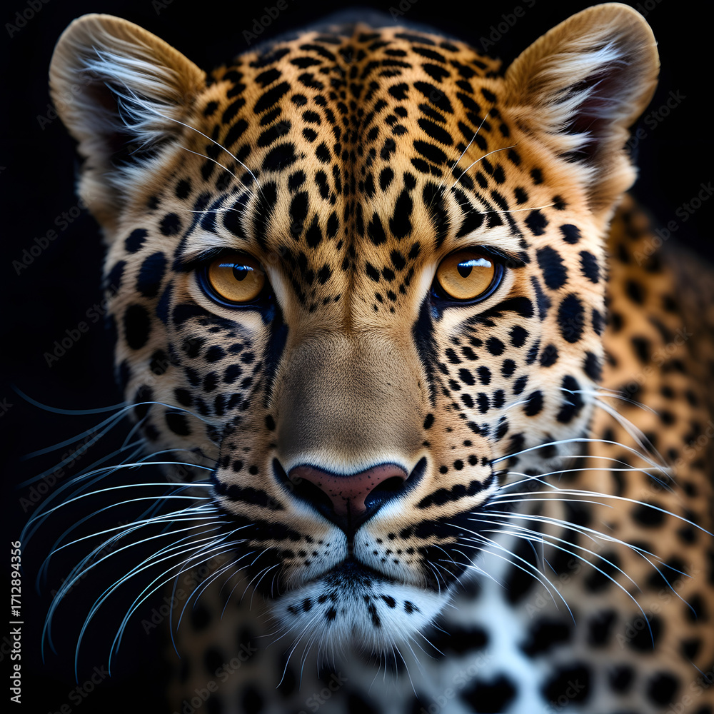 Fototapeta premium Close-up portrait of a majestic leopard with golden eyes and detailed spotted fur, powerful wild animal staring intensely against a dark background, wildlife and nature photography