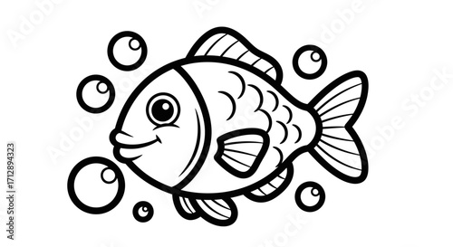 Cartoon fish swimming with bubbles, outlined in black and white.