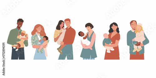 Diverse families and parents holding babies and young children in a modern flat illustration style