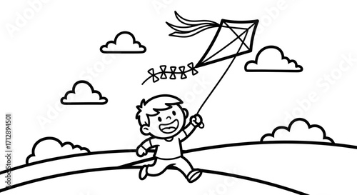 Happy boy joyfully running, flying a kite on a sunny day.