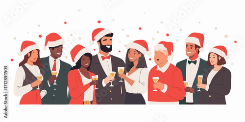 Diverse group of happy people wearing santa hats and holding champagne glasses celebrating christmas together