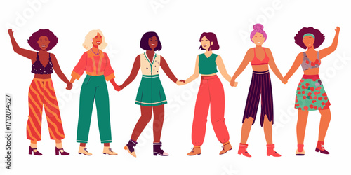 Diverse group of women holding hands and celebrating together with colorful outfits and joyful expressions