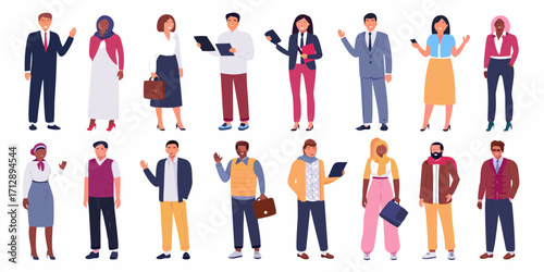 Diverse group of professional men and women standing together in a line representing a modern workforce