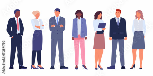 Diverse group of business professionals standing together in formal attire on a white background