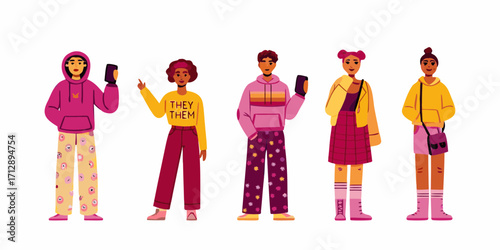Diverse group of young people in colorful casual clothing holding smartphones and expressing individuality