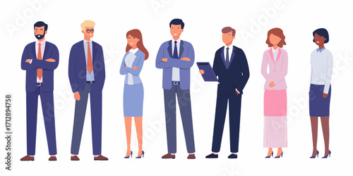 Diverse group of business professionals standing together in a line wearing formal attire