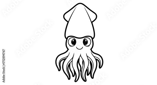 Happy Cute Cartoon Squid Standing Posing on Isolated White Background