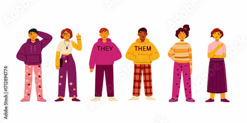 Diverse group of people wearing pronoun clothing representing gender identity and inclusivity