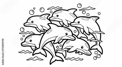 Energetic Group of Dolphins Playing and Swimming with Bubbles in the Ocean