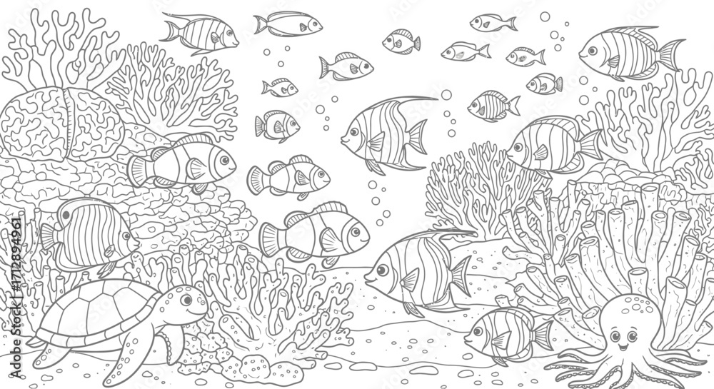 Naklejka premium Detailed Underwater Coral Reef Scene with Diverse Tropical Fish and Marine Animals Swimming