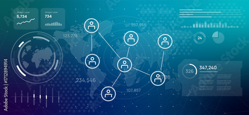 Futuristic digital dashboard featuring connected network of people icons over a world map represents social media networks global communication human connection in modern digital world