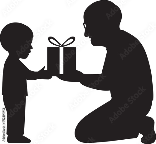 Grandfather receiving a gift from his grandson silhouette