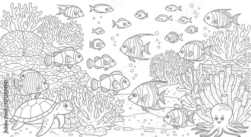 Detailed Underwater Coral Reef Scene with Diverse Tropical Fish and Marine Animals Swimming