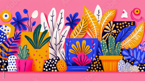 Vibrant and eclectic modern botanical illustration featuring diverse potted plants, abstract foliage, and decorative patterns in bold colors against bright pink background.