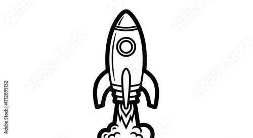 Cartoon Rocket Launching into Space, Isolated White Background, Coloring Book Style