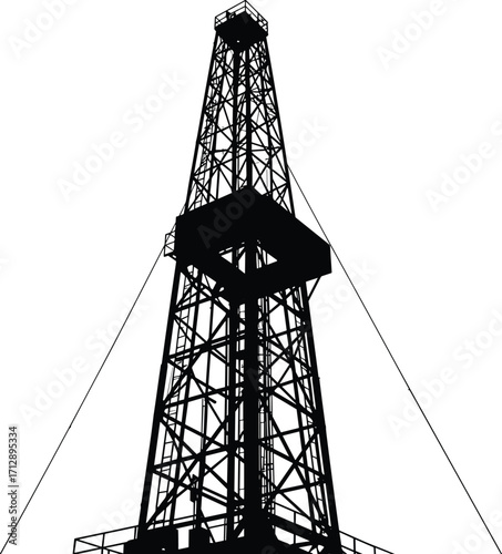 Oil derrick silhouette, energy infrastructure, black and white illustration, drilling tower design, industrial structure, power extraction, engineering concept