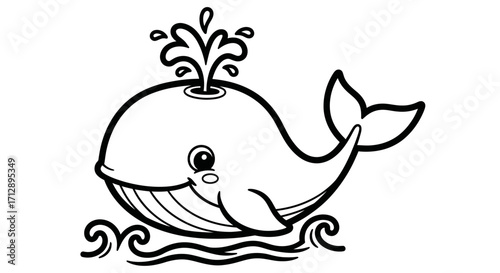 A cartoon whale spouting water, smiling, and swimming in ocean waves.