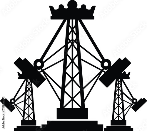 Oil pumpjack silhouettes, industrial energy design, black and white illustration, nodding donkey icons, power extraction, economic symbol, infrastructure art